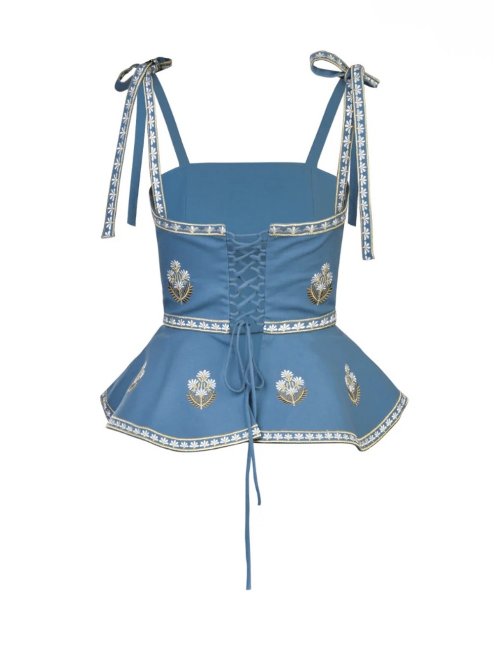 Rosewaterhouse Mina Linen Embroidered Peplum Floral Top in Pastel Blue/Ivory NEW - Picture 2 of 14